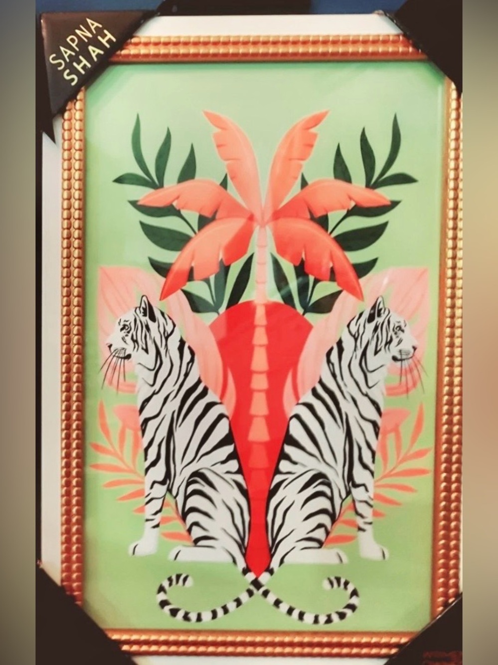 NEW SAPNA SHAH 2 white Tigers Wall Art 12"X18" Off White Frame Pastels glass.